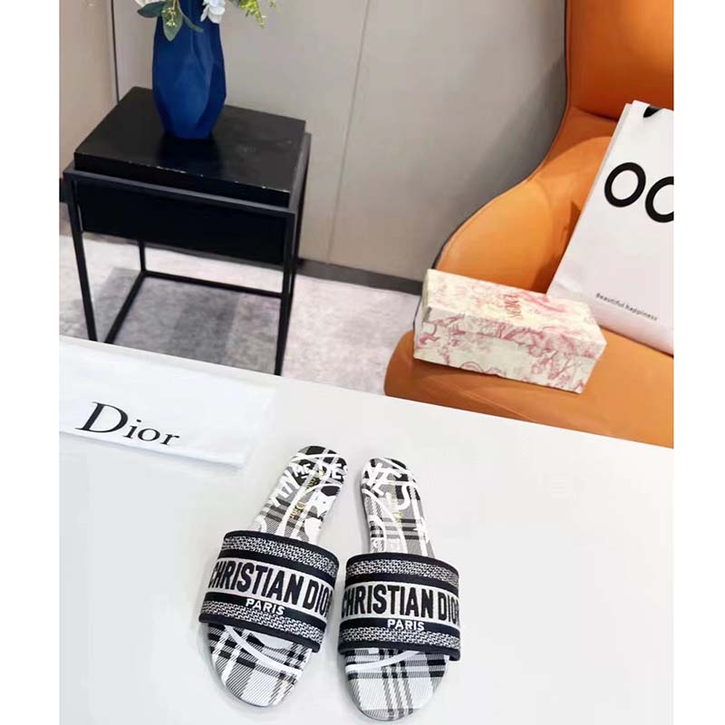 Dior Women Shoes CD Dway Slide Black White Check’n’Dior Embroidered Cotton