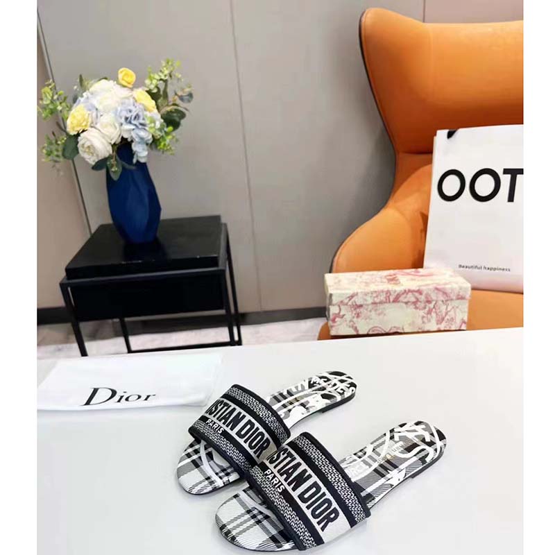 Dior Women Shoes CD Dway Slide Black White Check’n’Dior Embroidered Cotton