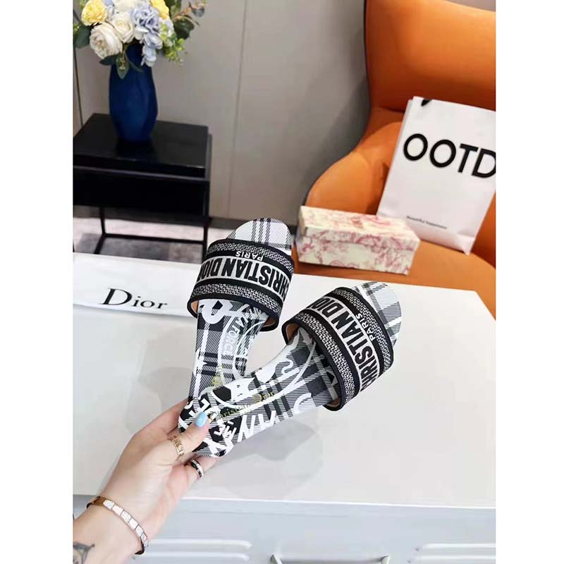 Dior Women Shoes CD Dway Slide Black White Check’n’Dior Embroidered Cotton