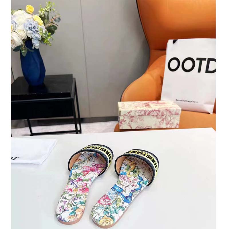 Dior Women Shoes CD Dway Slide White Multicolor D-Constellation Embroidered Cotton