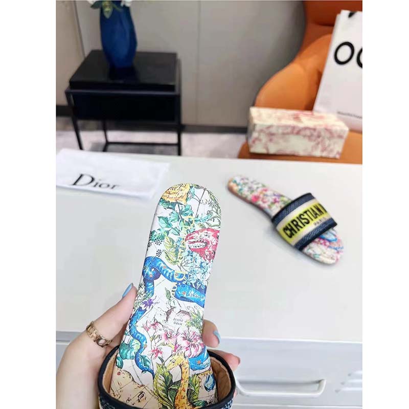 Dior Women Shoes CD Dway Slide White Multicolor D-Constellation Embroidered Cotton