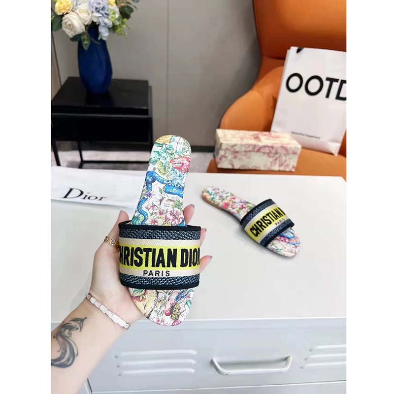 Dior Women Shoes CD Dway Slide White Multicolor D-Constellation Embroidered Cotton