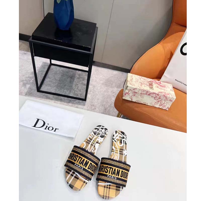 Dior Women Shoes CD Dway Slide Yellow Black Check’n’Dior Embroidered Cotton