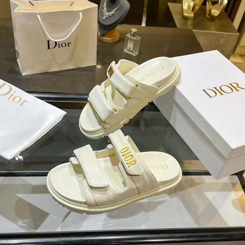 Dior Women Shoes DiorAct Sandal Beige Lambskin Gold-Finish Metal DIOR Signature