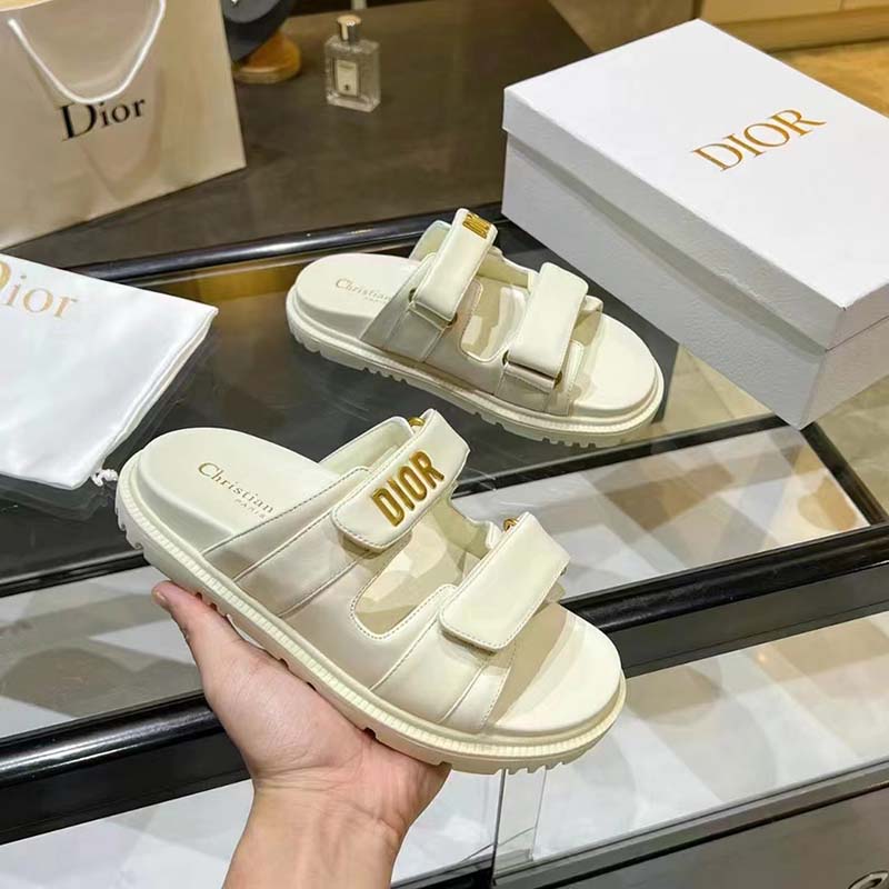 Dior Women Shoes DiorAct Sandal Beige Lambskin Gold-Finish Metal DIOR Signature