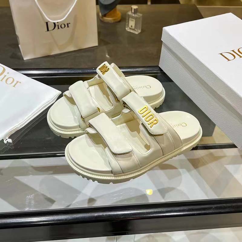 Dior Women Shoes DiorAct Sandal Beige Lambskin Gold-Finish Metal DIOR Signature
