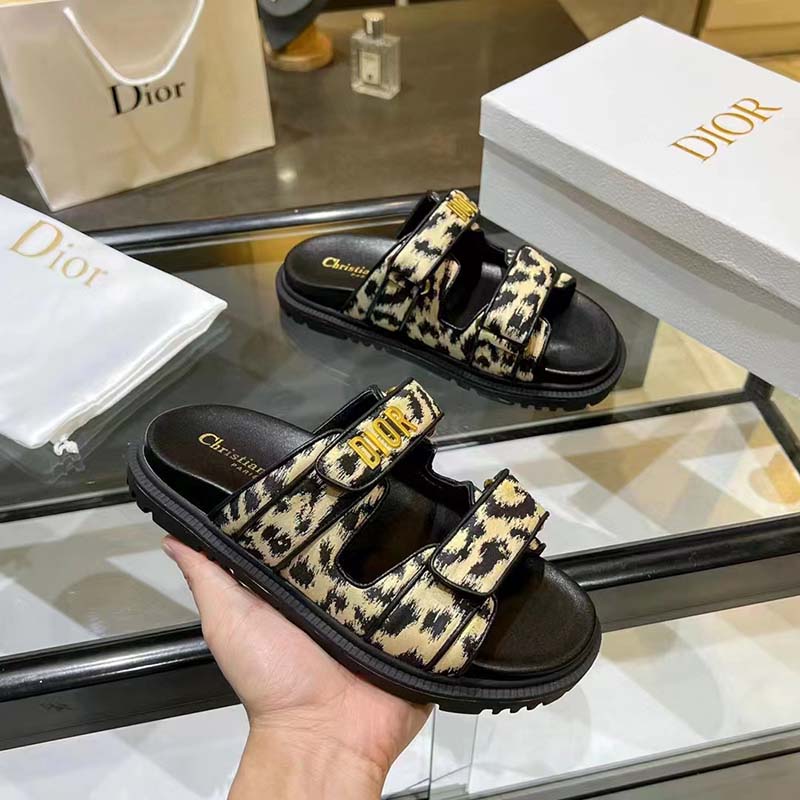Dior Women Shoes DiorAct Slide Beige Multicolor Mizza Printed Technical Fabric