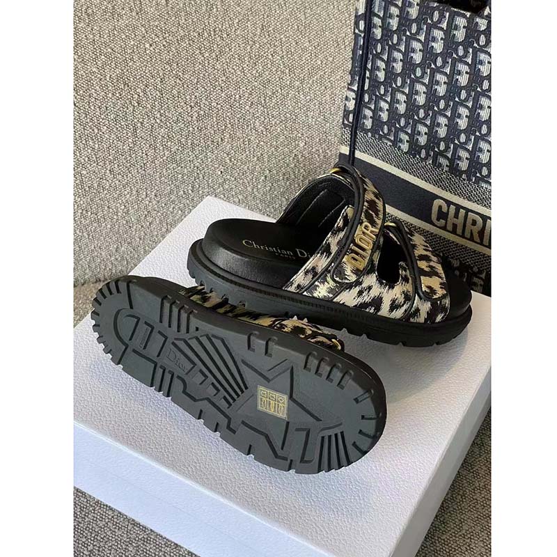 Dior Women Shoes DiorAct Slide Beige Multicolor Mizza Printed Technical Fabric