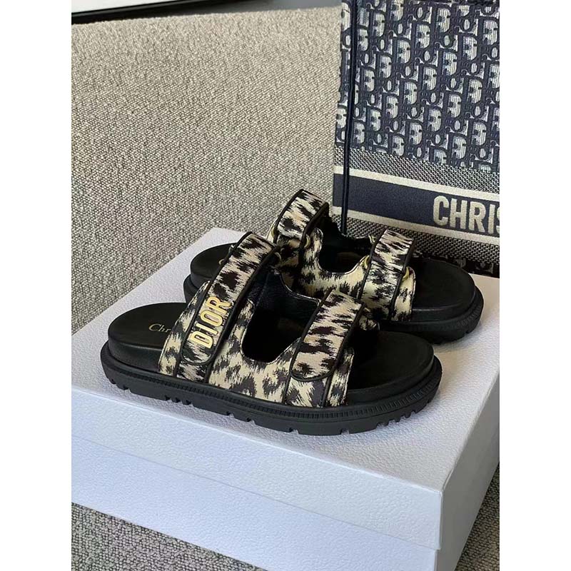 Dior Women Shoes DiorAct Slide Beige Multicolor Mizza Printed Technical Fabric