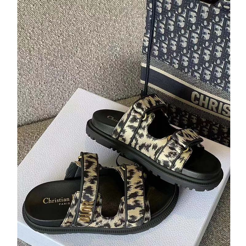 Dior Women Shoes DiorAct Slide Beige Multicolor Mizza Printed Technical Fabric