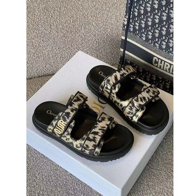 Dior Women Shoes DiorAct Slide Beige Multicolor Mizza Printed Technical Fabric