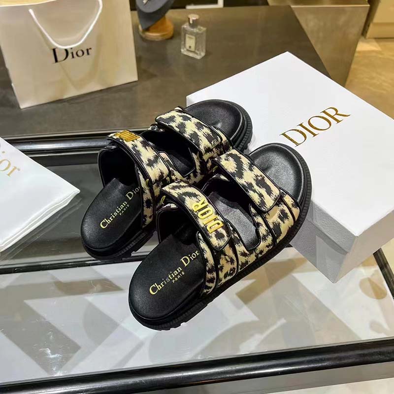 Dior Women Shoes DiorAct Slide Beige Multicolor Mizza Printed Technical Fabric