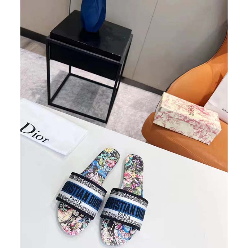 Dior Women Shoes CD Dway Slide Black Multicolor Embroidered Cotton D-Constellation Motif