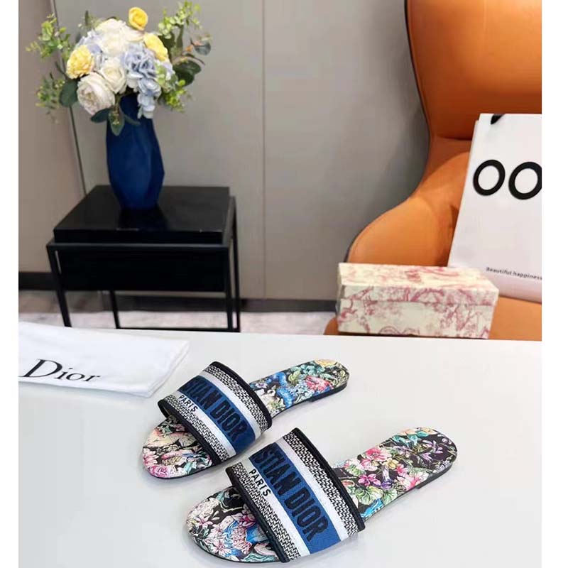 Dior Women Shoes CD Dway Slide Black Multicolor Embroidered Cotton D-Constellation Motif