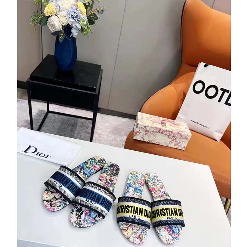 Dior Women Shoes CD Dway Slide Black Multicolor Embroidered Cotton D-Constellation Motif