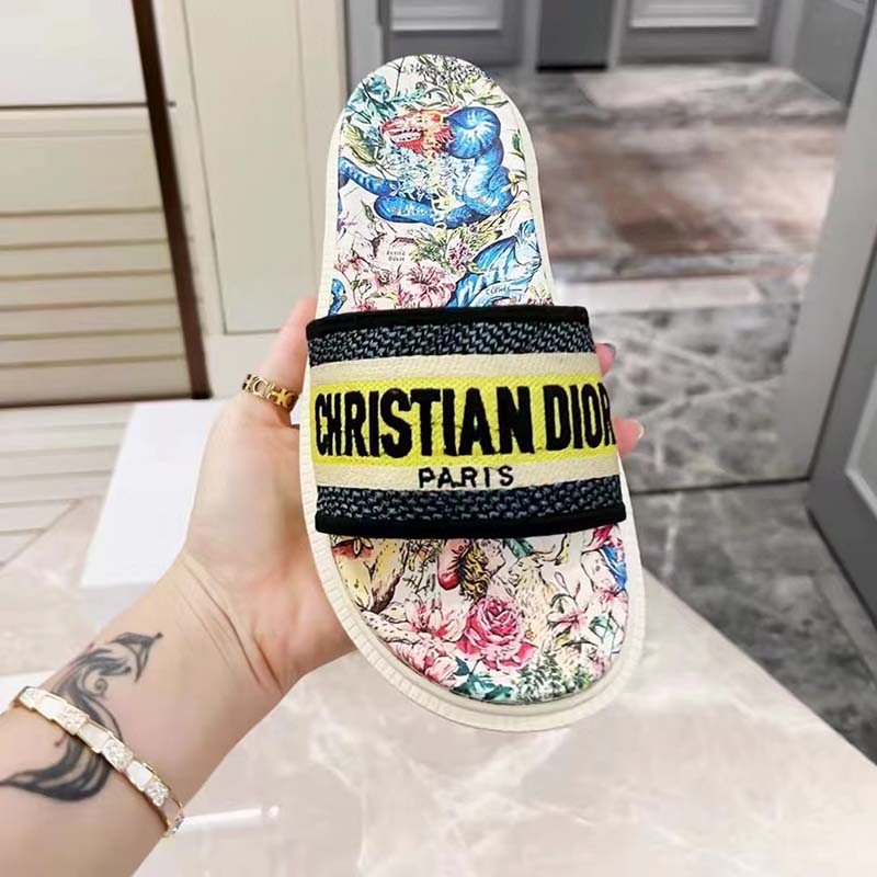 Dior Women Shoes Dway Slide White Embroidered Cotton Multicolor D-Constellation Motif