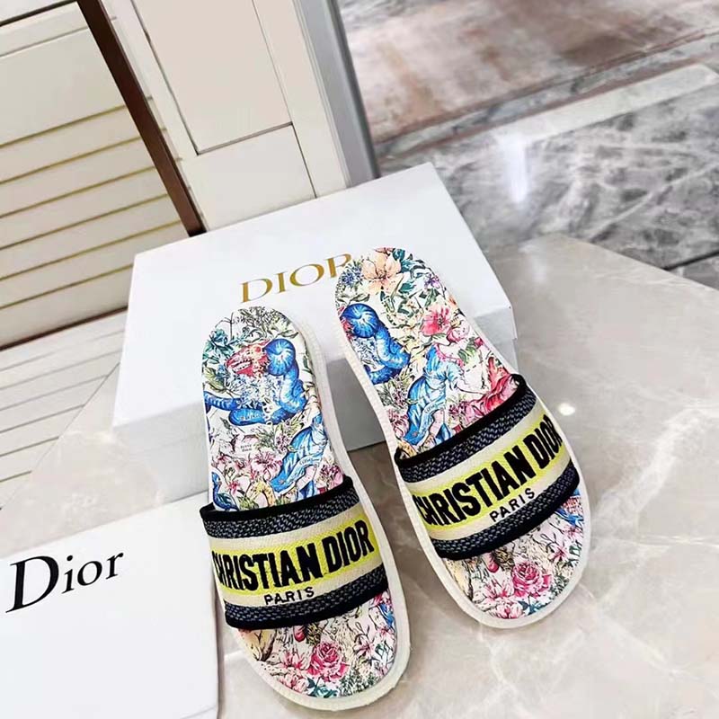 Dior Women Shoes Dway Slide White Embroidered Cotton Multicolor D-Constellation Motif