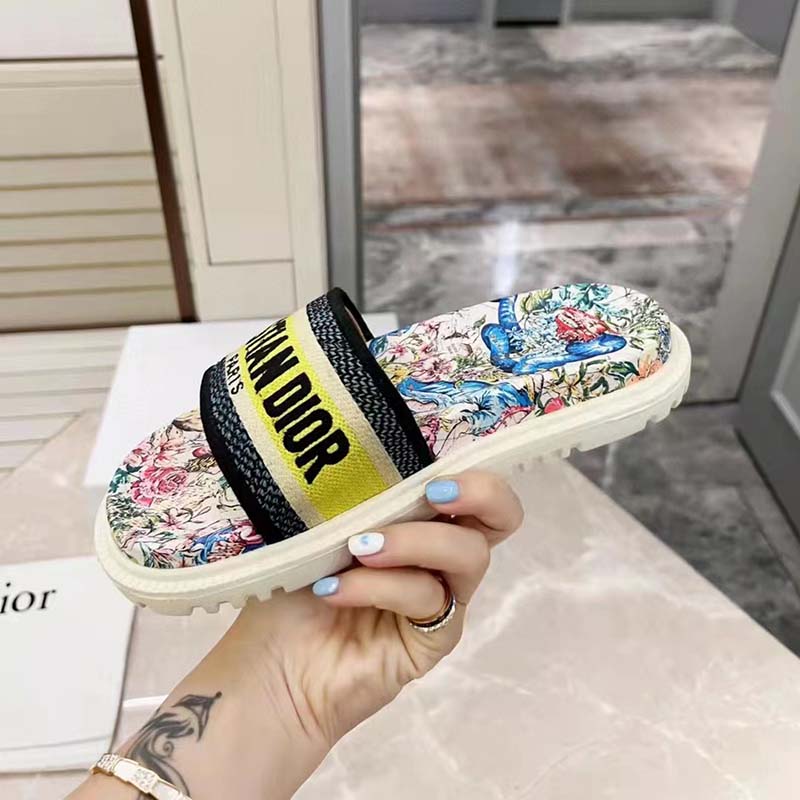 Dior Women Shoes Dway Slide White Embroidered Cotton Multicolor D-Constellation Motif