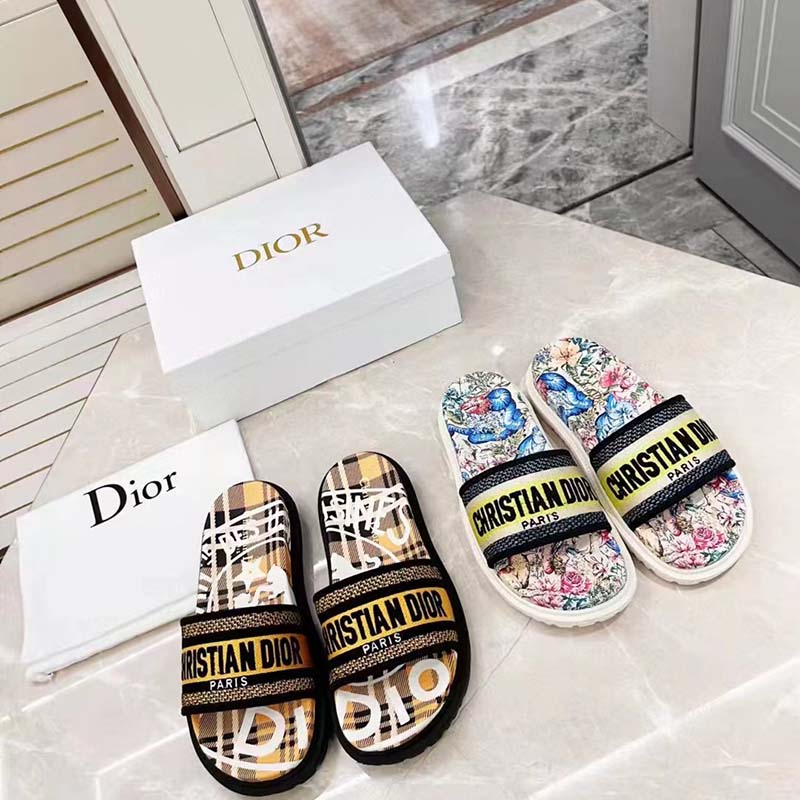 Dior Women Shoes Dway Slide White Embroidered Cotton Multicolor D-Constellation Motif