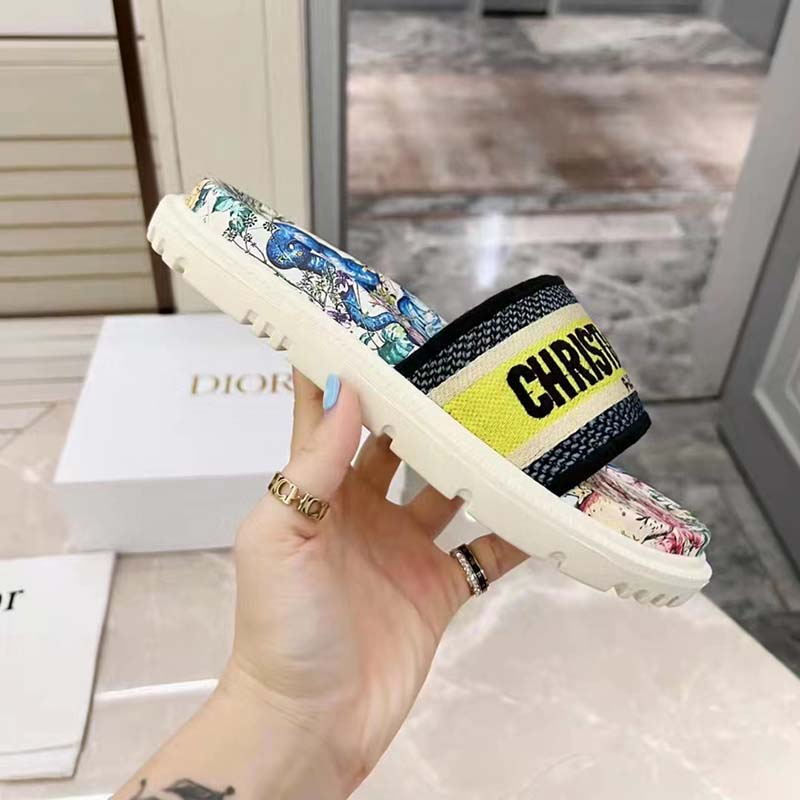 Dior Women Shoes Dway Slide White Embroidered Cotton Multicolor D-Constellation Motif