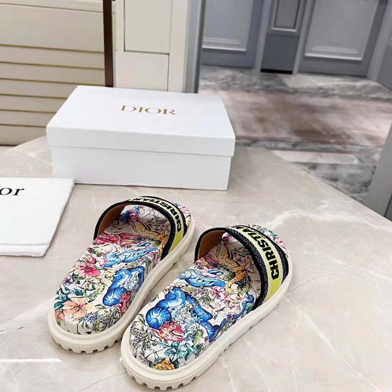 Dior Women Shoes Dway Slide White Embroidered Cotton Multicolor D-Constellation Motif