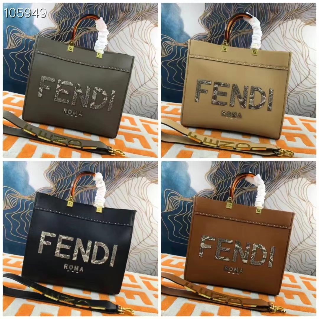 Fendi Women Sunshine Medium Gray Leather and Elaphe Shopper
