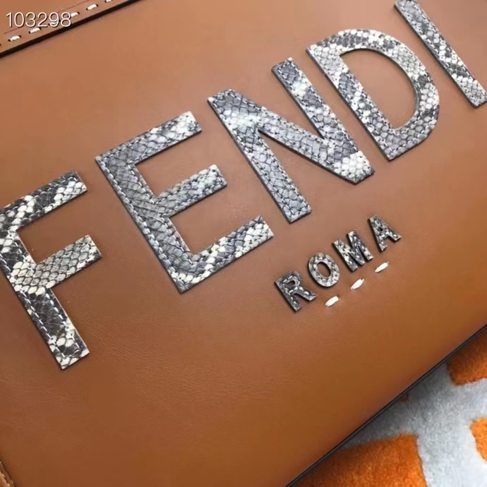 Fendi FF Women Sunshine Medium Light Brown Leather Elaphe Shopper Bag
