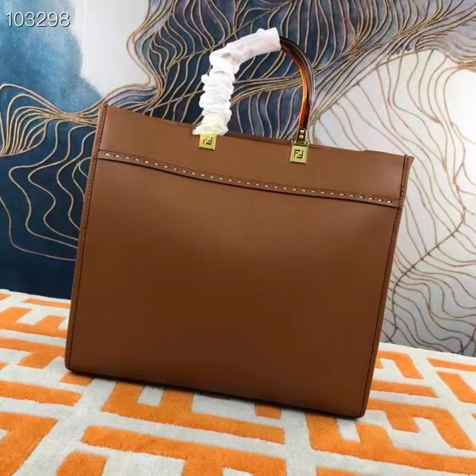 Fendi FF Women Sunshine Medium Light Brown Leather Elaphe Shopper Bag