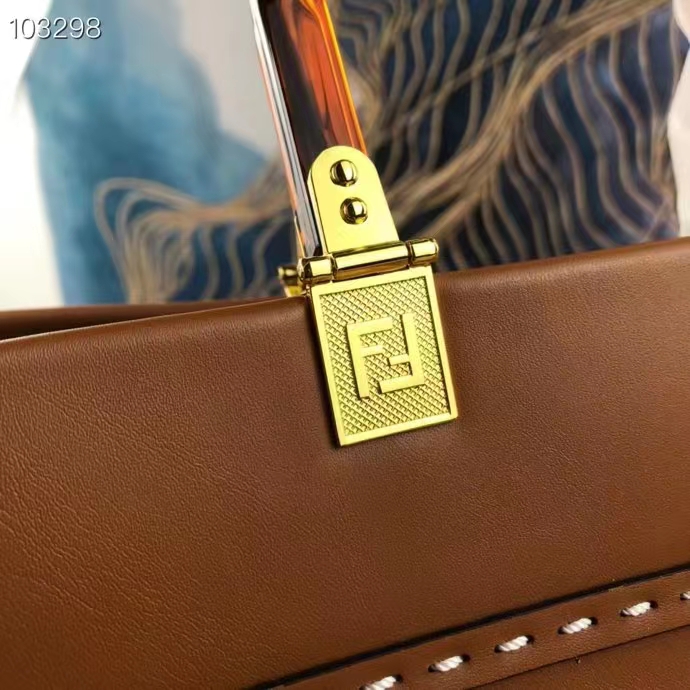 Fendi FF Women Sunshine Medium Light Brown Leather Elaphe Shopper Bag
