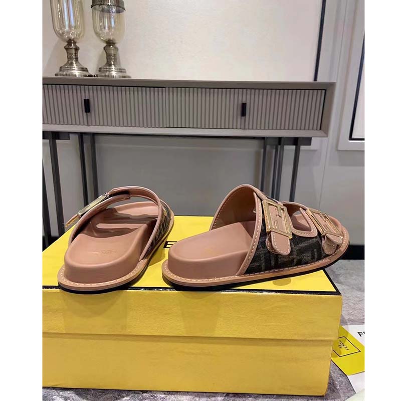 Fendi Women FF Fendi Feel Brown FF Fabric Slides 0.5 Cm Heel