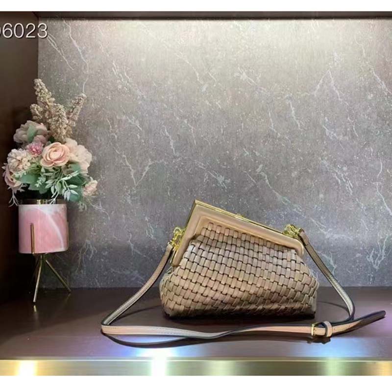 Fendi Women FF First Small Bag Beige Braided Leather Bag
