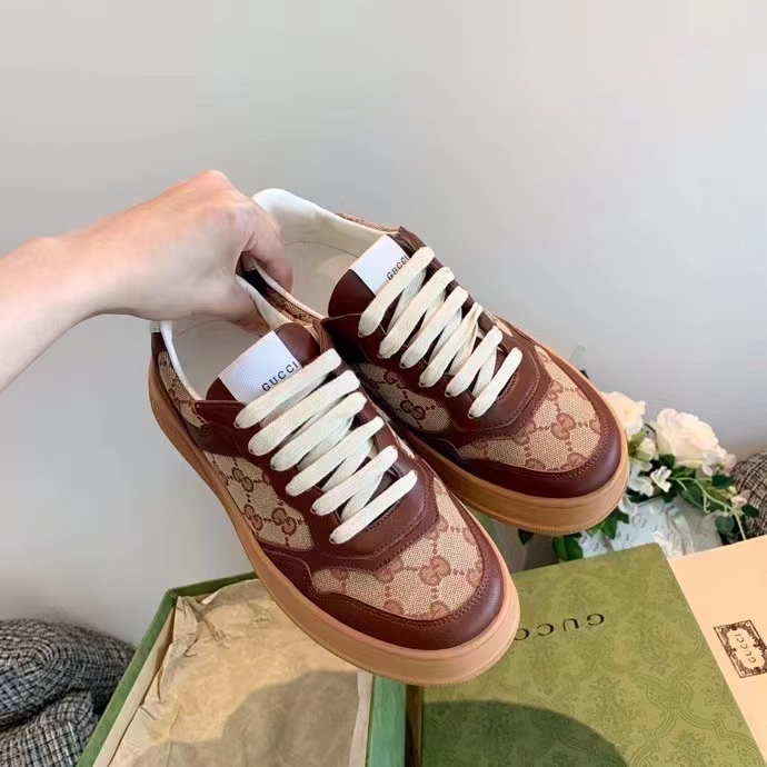 Gucci Unisex Ace Sneaker Beige Ebony Orignal GG Canvas Lace-Up Rubber Flat