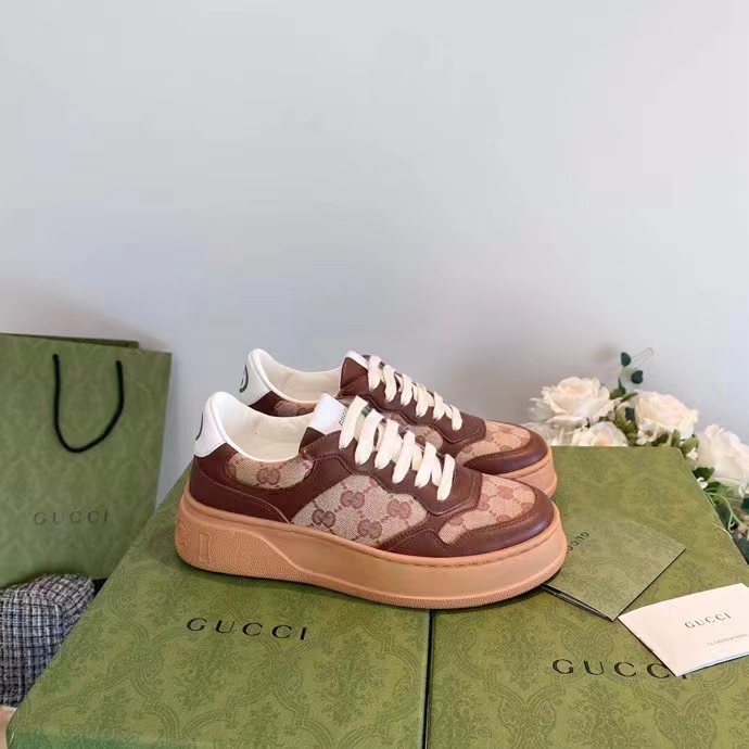 Gucci Unisex Ace Sneaker Beige Ebony Orignal GG Canvas Lace-Up Rubber Flat