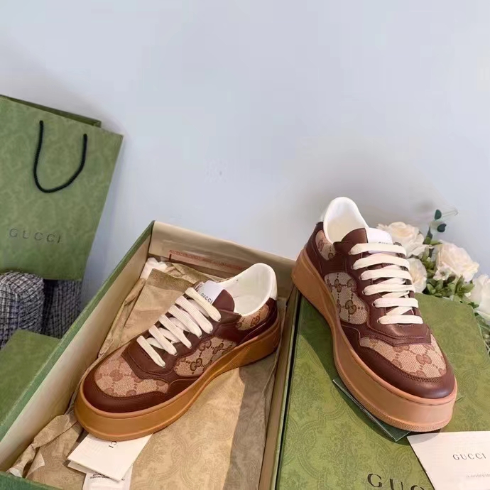 Gucci Unisex Ace Sneaker Beige Ebony Orignal GG Canvas Lace-Up Rubber Flat