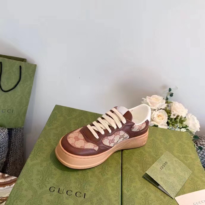 Gucci Unisex Ace Sneaker Beige Ebony Orignal GG Canvas Lace-Up Rubber Flat