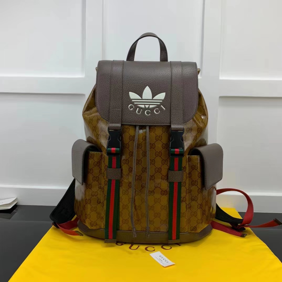 Gucci Unisex GG Adidas x Gucci Backpack Beige Brown GG Crystal Canvas Trefoil Print