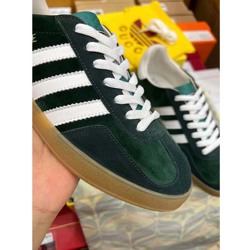 Gucci Unisex GG Adidas x Gucci Gazelle Sneaker Green Suede White Demetra Trefoil