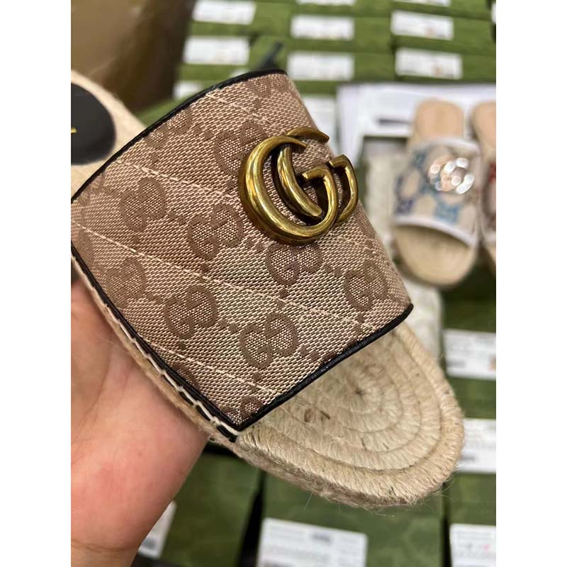 Gucci Unisex GG Matelassé Canvas Espadrille Sandal Beige Ebony 2 Cm Heel