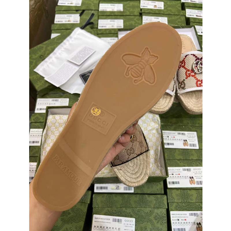 Gucci Unisex GG Matelassé Canvas Espadrille Sandal Beige Ebony 2 Cm Heel