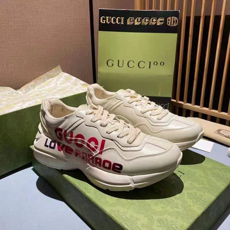 Gucci Unisex GG Rhyton Love Parade Sneaker Ivory Leather Rubber Sole Low Heel