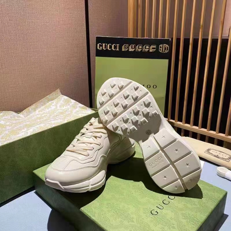 Gucci Unisex GG Rhyton Love Parade Sneaker Ivory Leather Rubber Sole Low Heel
