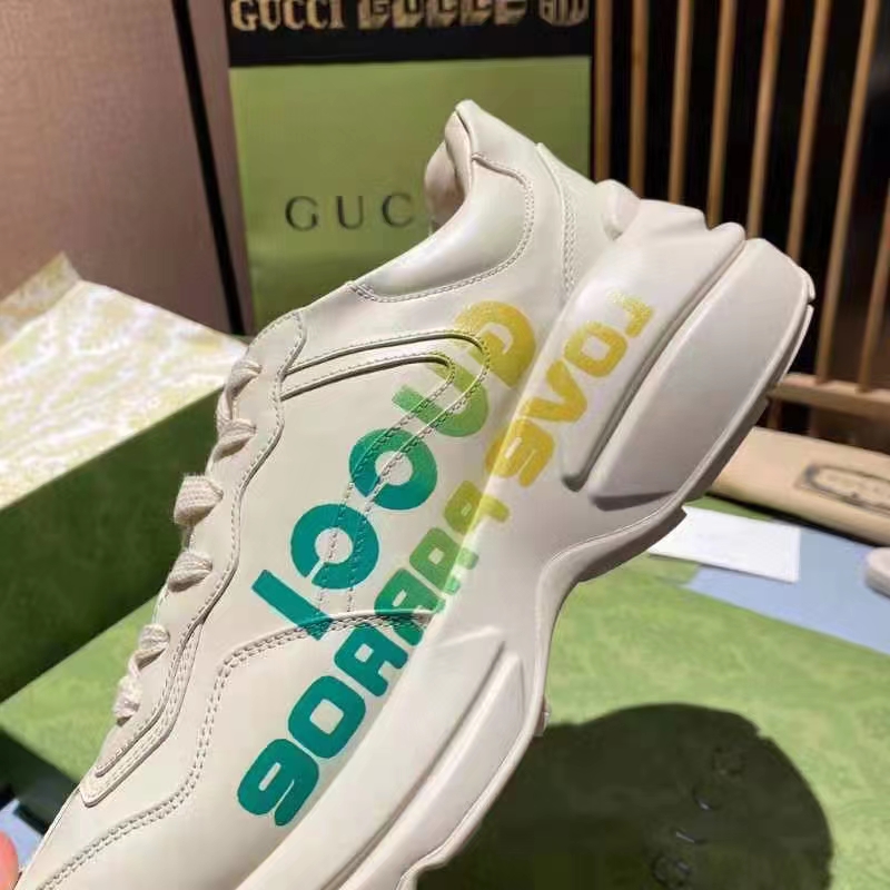 Gucci Unisex GG Rhyton Love Parade Sneaker Ivory Leather Rubber Sole Low Heel