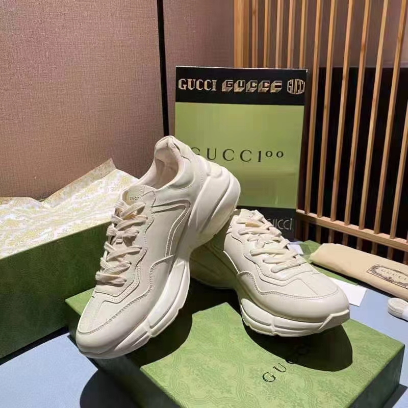 Gucci Unisex GG Rhyton Love Parade Sneaker Ivory Leather Rubber Sole Low Heel