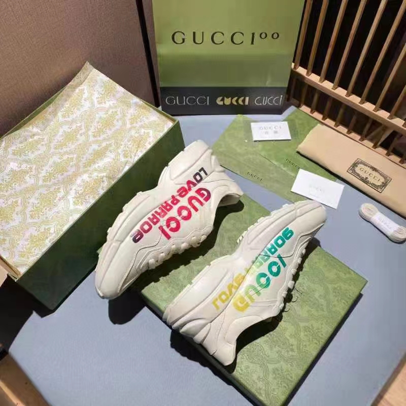 Gucci Unisex GG Rhyton Love Parade Sneaker Ivory Leather Rubber Sole Low Heel