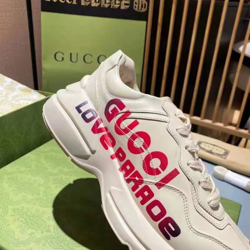 Gucci Unisex GG Rhyton Love Parade Sneaker Ivory Leather Rubber Sole Low Heel