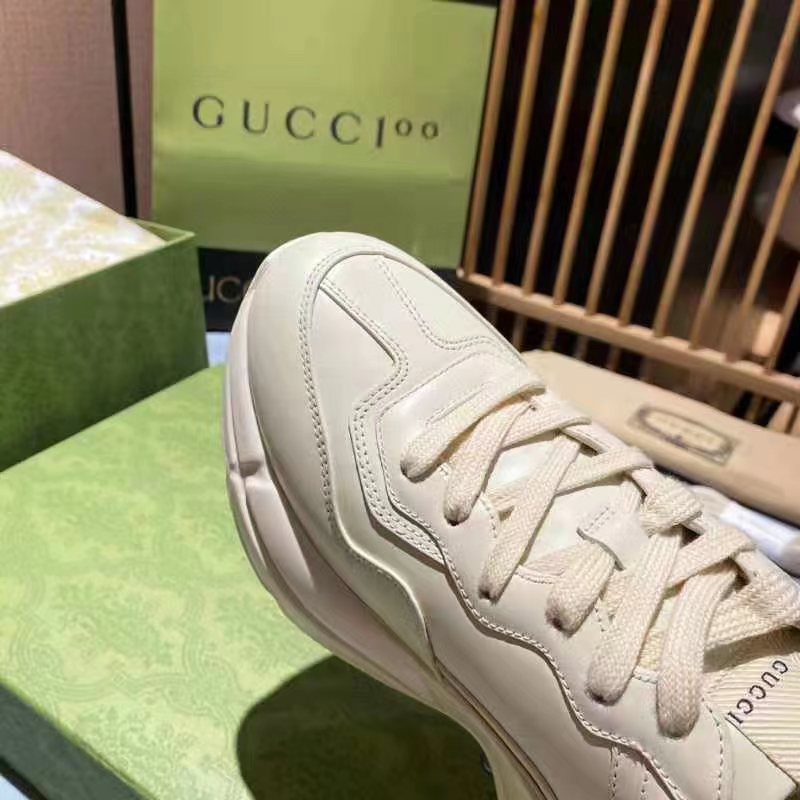 Gucci Unisex GG Rhyton Love Parade Sneaker Ivory Leather Rubber Sole Low Heel