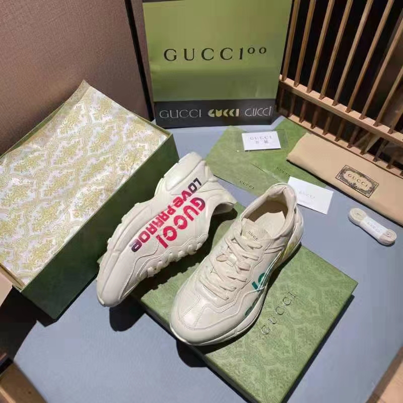 Gucci Unisex GG Rhyton Love Parade Sneaker Ivory Leather Rubber Sole Low Heel