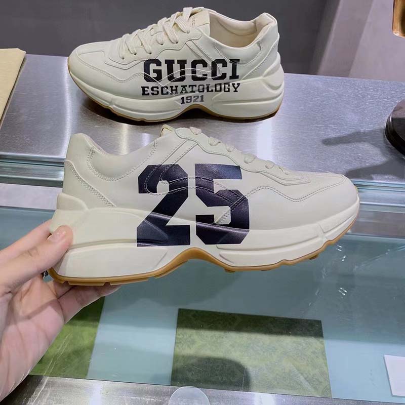 Gucci Unisex GG Rhyton Sneaker ’25’ Ivory Demetra Rubber Sole 5 Cm Heel
