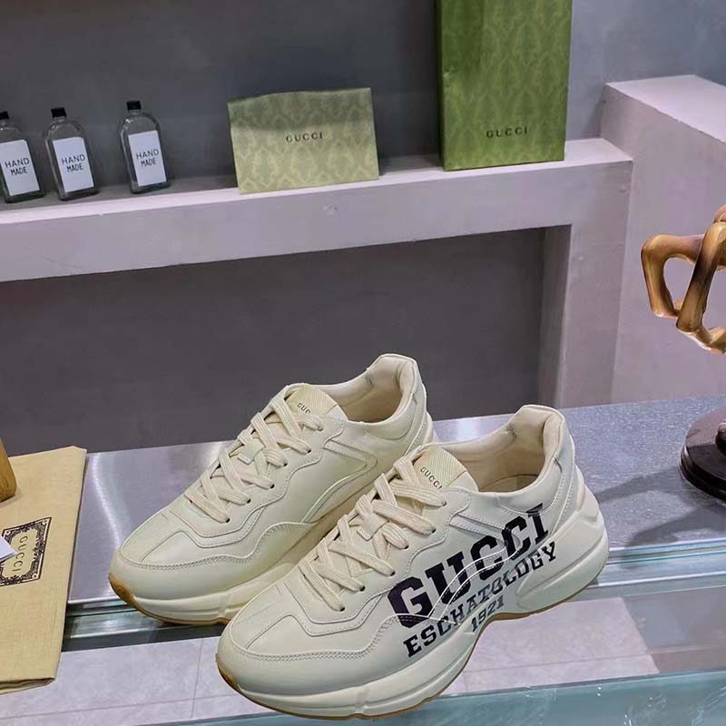 Gucci Unisex GG Rhyton Sneaker ’25’ Ivory Demetra Rubber Sole 5 Cm Heel