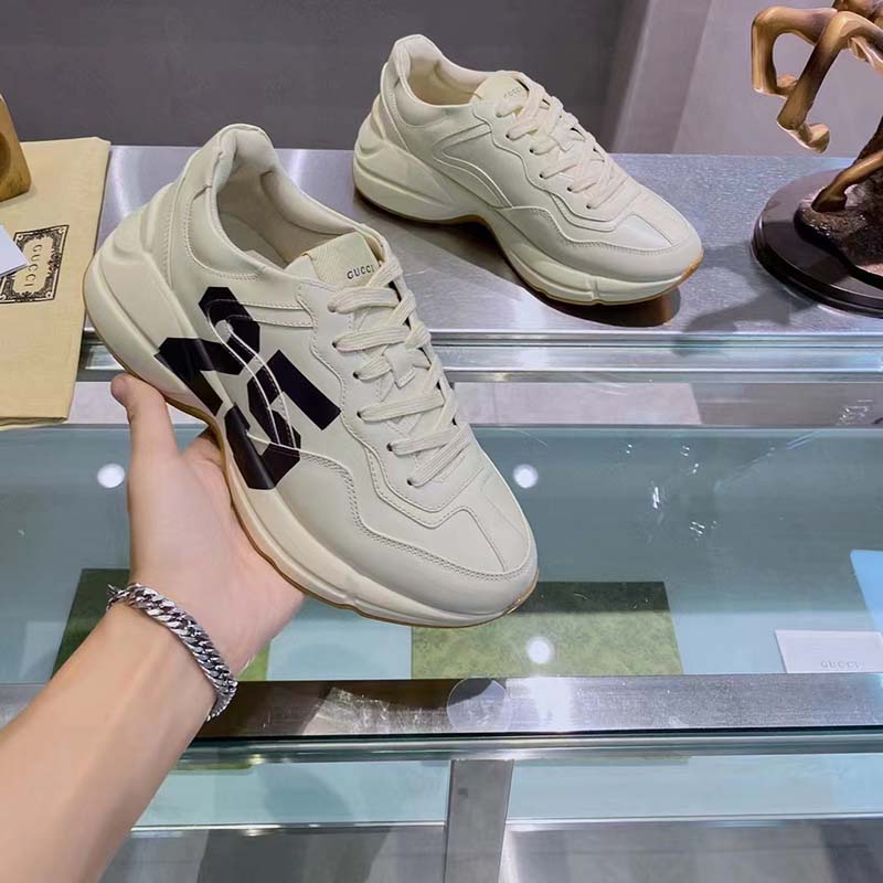 Gucci Unisex GG Rhyton Sneaker ’25’ Ivory Demetra Rubber Sole 5 Cm Heel